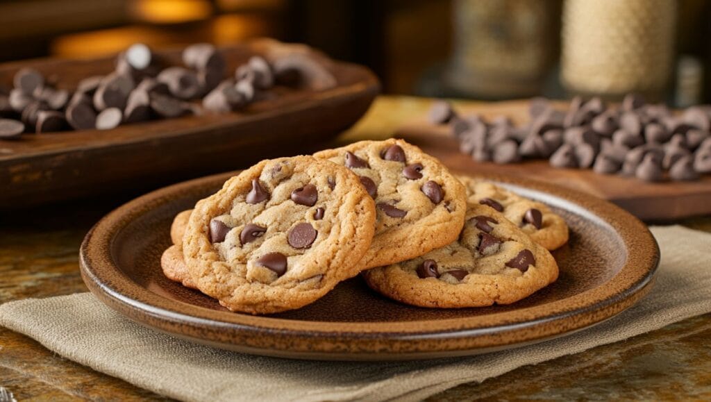 Plate of freshly baked Nestle chocolate chip cookies with chocolate chips on the side.