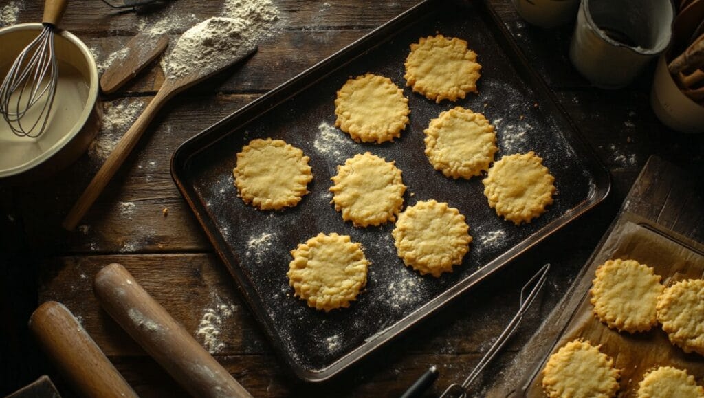 Flat cookies on a dark non-stick baking tray with scattered baking tools and flour.