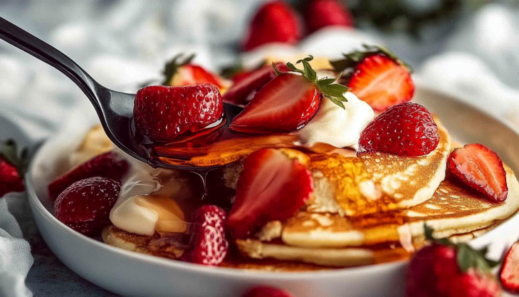 Fluffy ricotta pancakes served with strawberries and syrup.