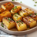 Close-up of golden, crispy Potato Pavé slices layered with tender potatoes, garnished with fresh thyme, served on a rustic platter.