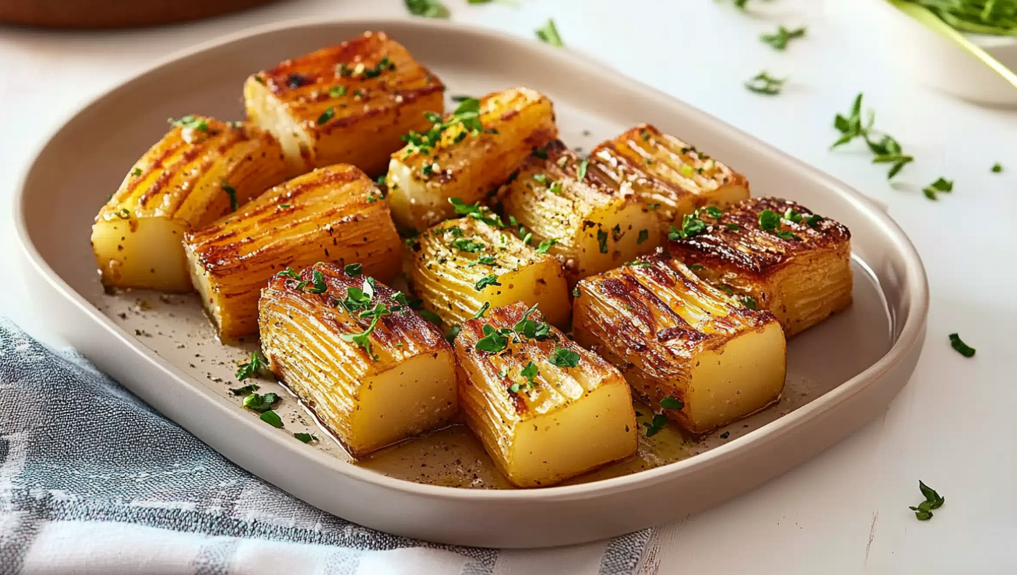 Close-up of golden, crispy Potato Pavé slices layered with tender potatoes, garnished with fresh thyme, served on a rustic platter.