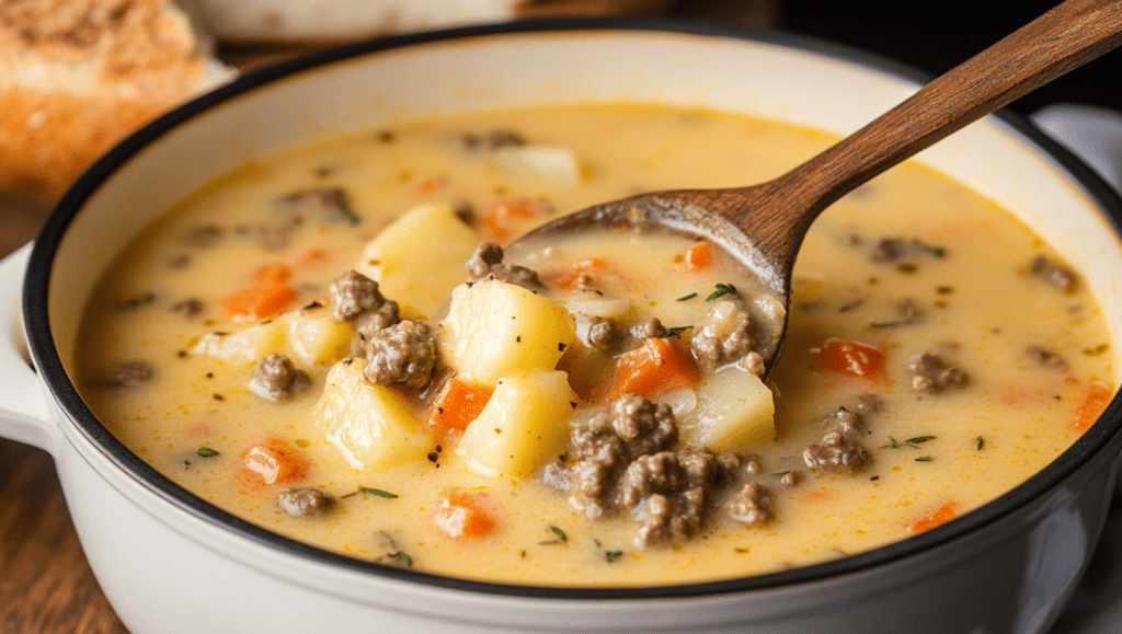 A steaming bowl of hamburger potato soup garnished with fresh parsley, served with crusty bread on the side