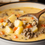 A steaming bowl of hamburger potato soup garnished with fresh parsley, served with crusty bread on the side