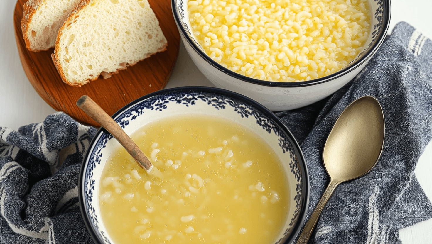 A comforting bowl of pastina soup with egg swirls, served with slices of bread.