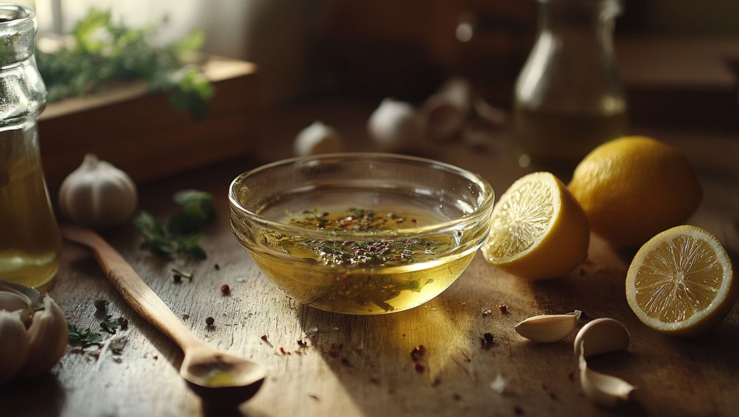 A rustic glass bowl of marinade with olive oil, lemon, garlic, and herbs.