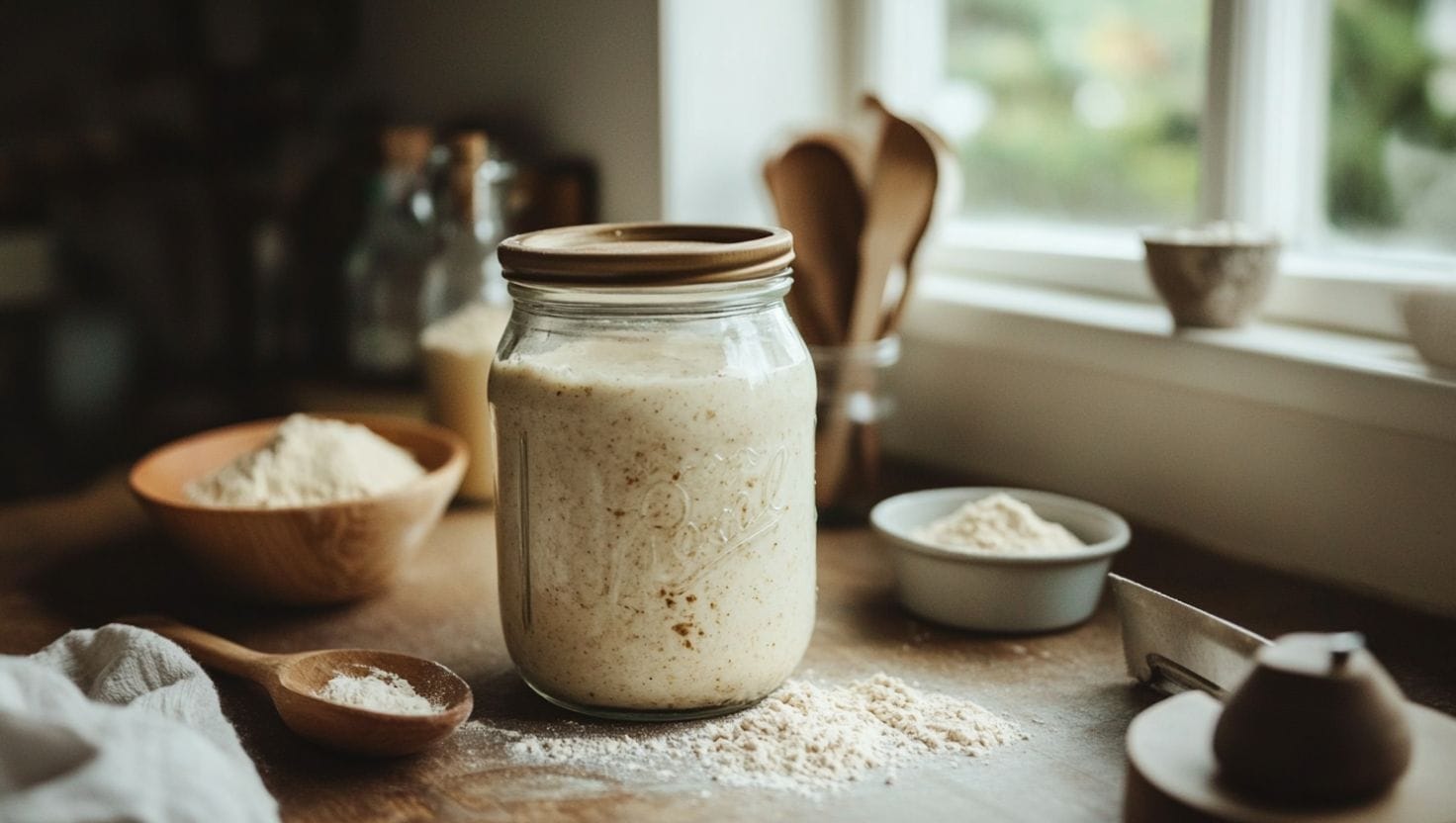 A clear jar filled with sourdough discard surrounded by flour and kitchen tools on a wooden counter.