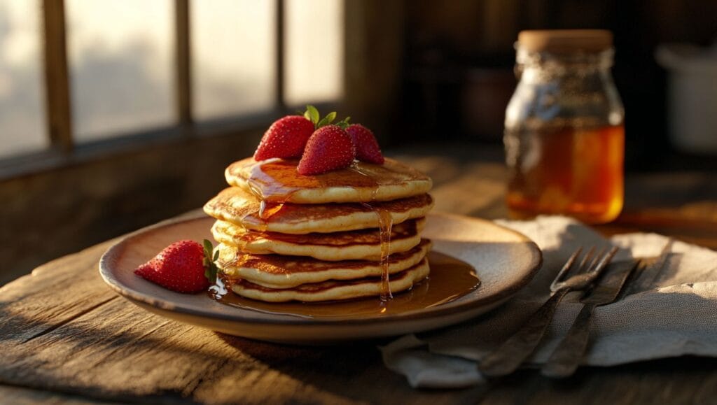 A plate of sourdough discard pancakes topped with strawberries and syrup, on a rustic wooden table.