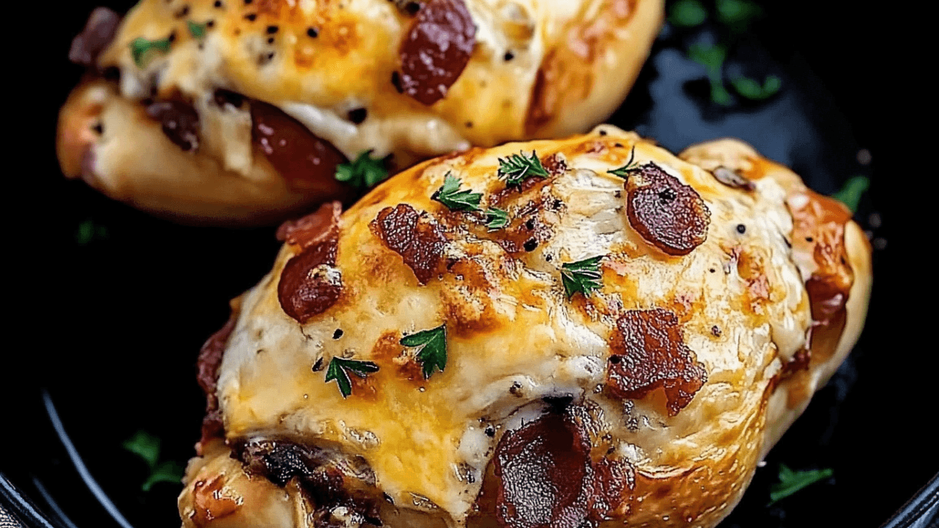 A plate of Alice Springs Chicken with cheese and bacon