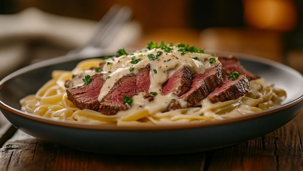 A plate of beef Alfredo pasta with creamy sauce and herbs