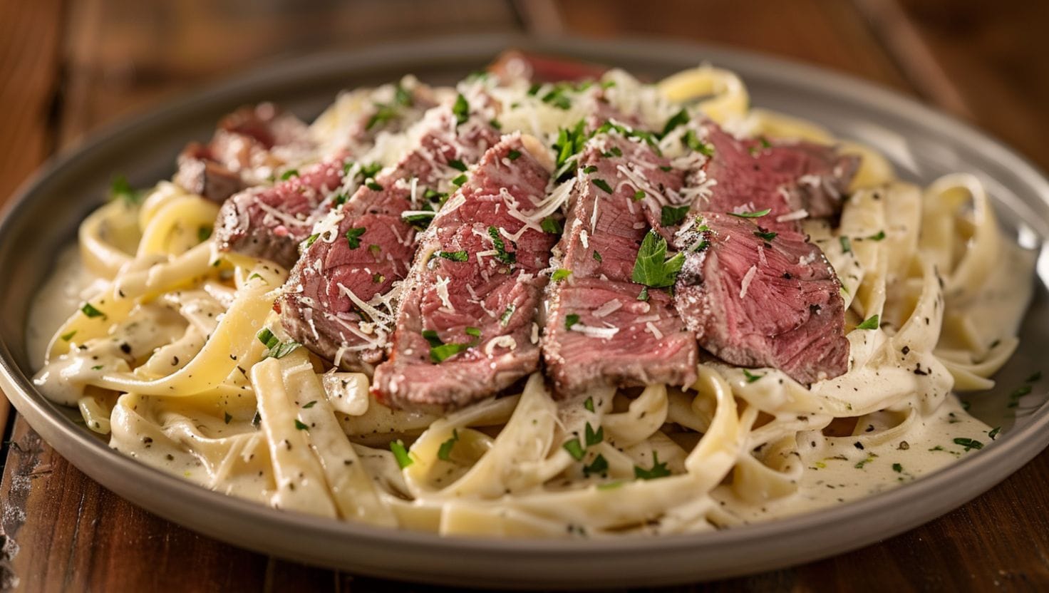 A plate of Beef Alfredo featuring tender beef slices and creamy pasta.