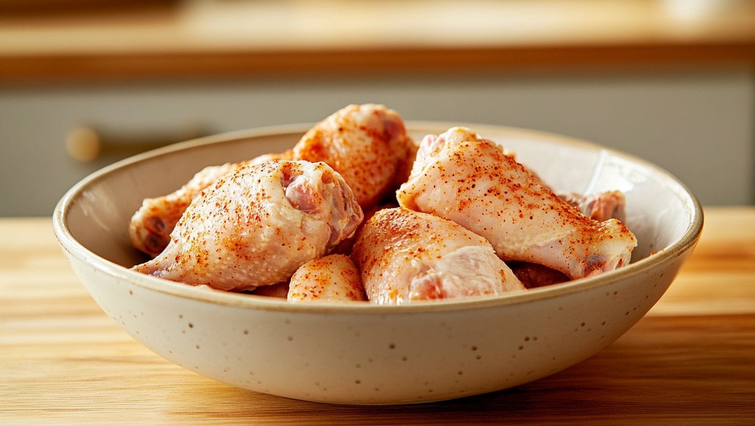 Raw chicken drumsticks prepared for marination, showcasing a step in answering 'What does Chick-fil-A marinate their chicken in?