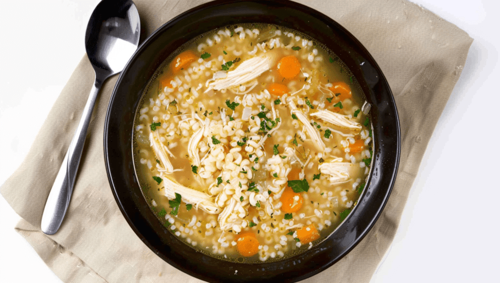 A bowl of Chicken Pastina Soup with shredded chicken, carrots, and pastina pasta, served with a spoon on the side.