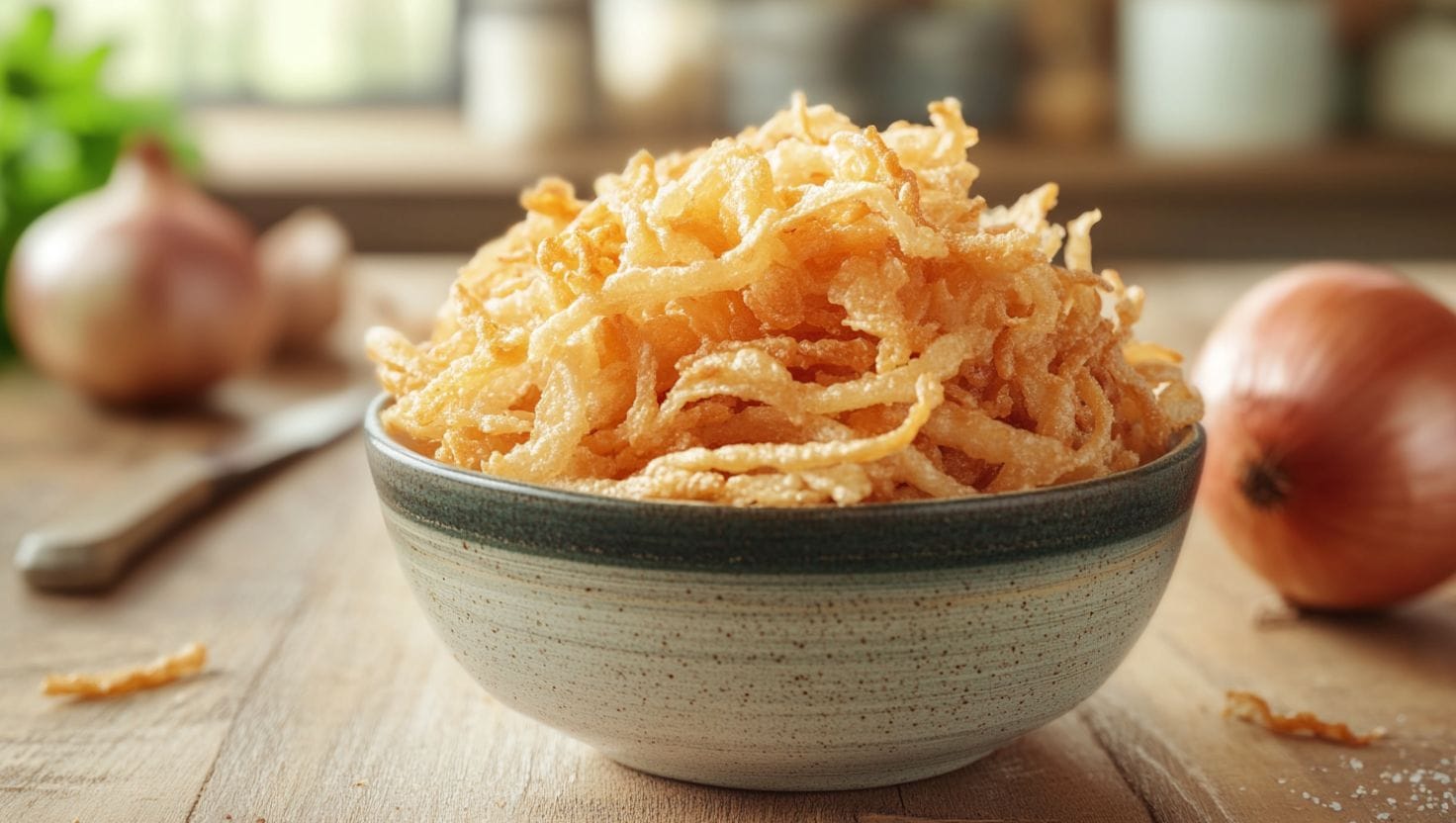 A bowl of golden-brown French fried onions placed on a rustic wooden table with fresh onions in the background.