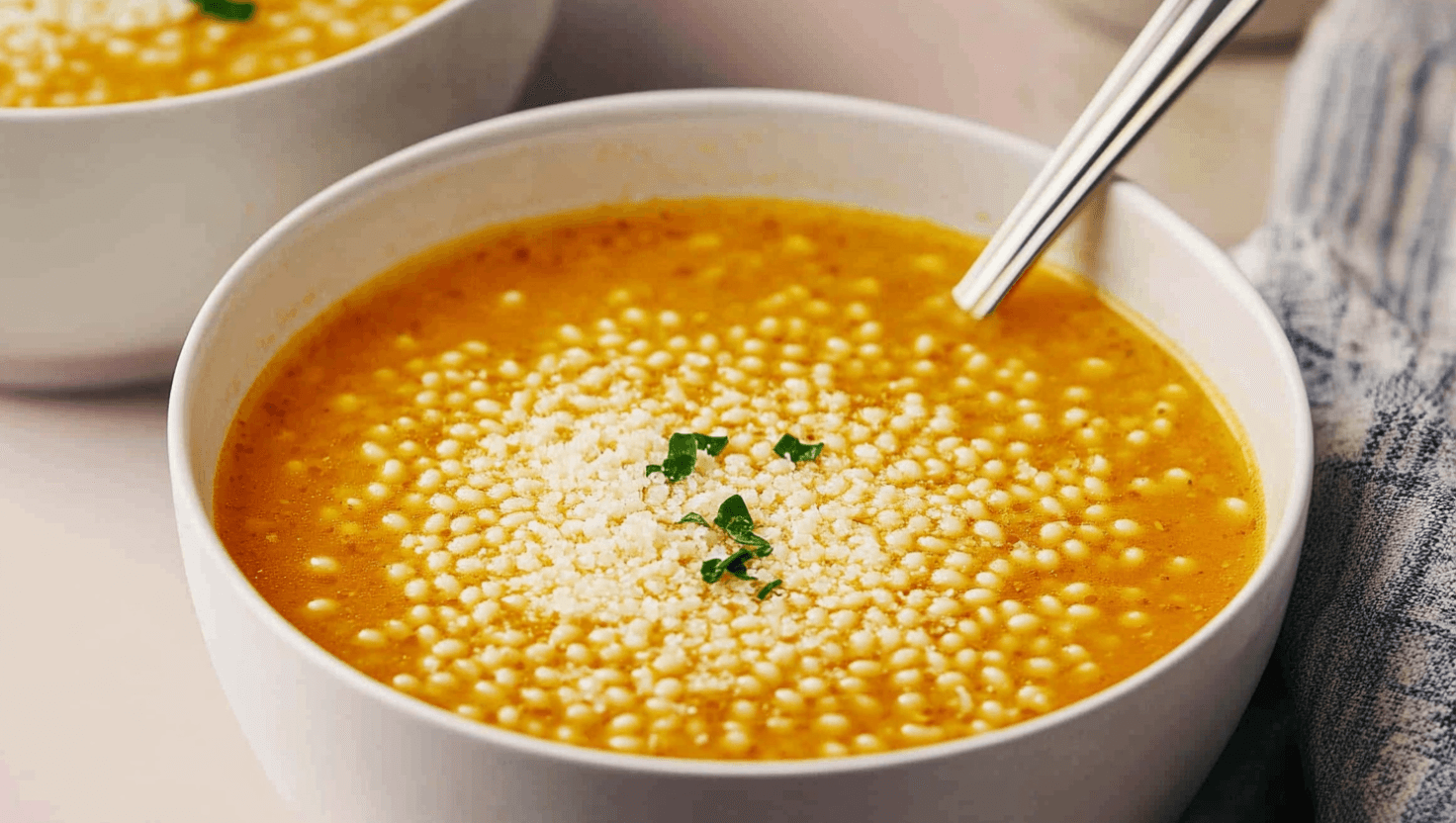 A steaming bowl of pastina soup served with grated cheese.