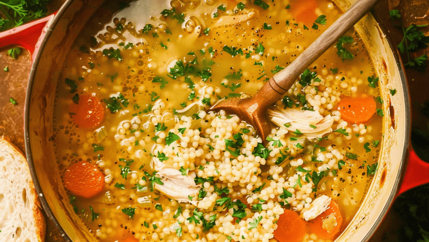 A pot of vegetarian pastina soup with carrots, parsley, and a wooden spoon.