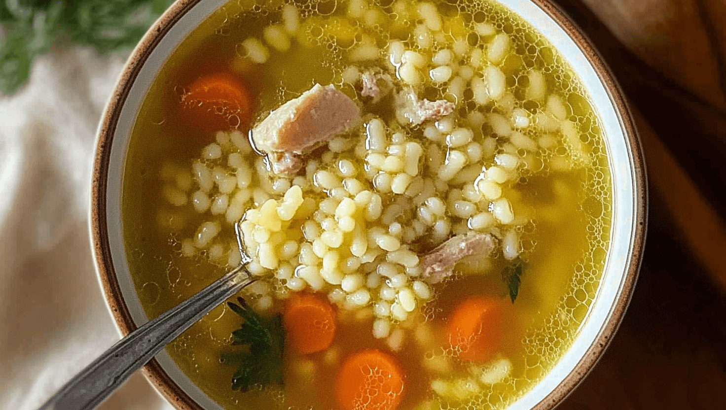 A close-up of a bowl filled with pastina in broth, containing carrots and meat chunks.