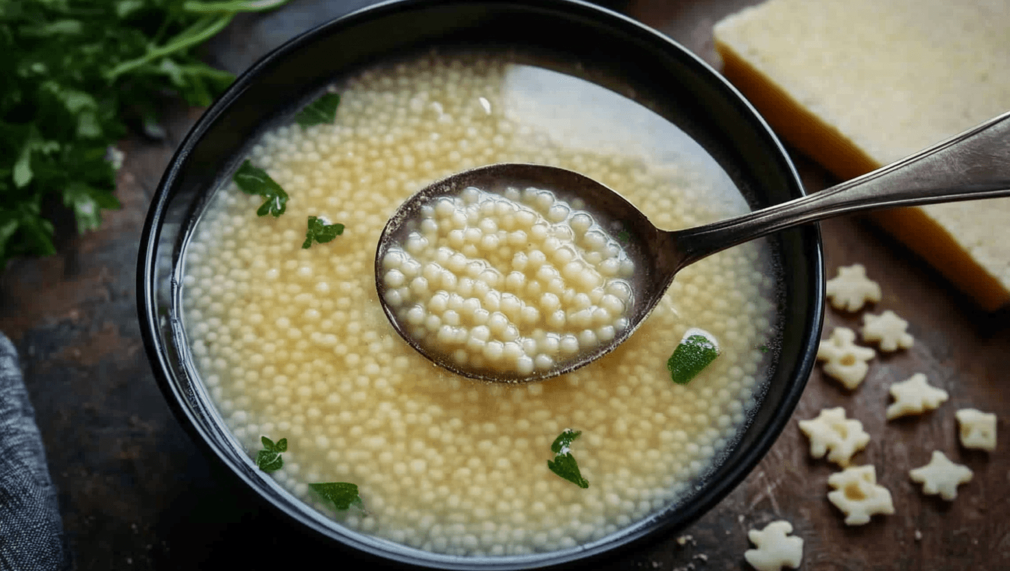 A bowl of soup made with small pasta resembling pastina, served with fresh herbs.