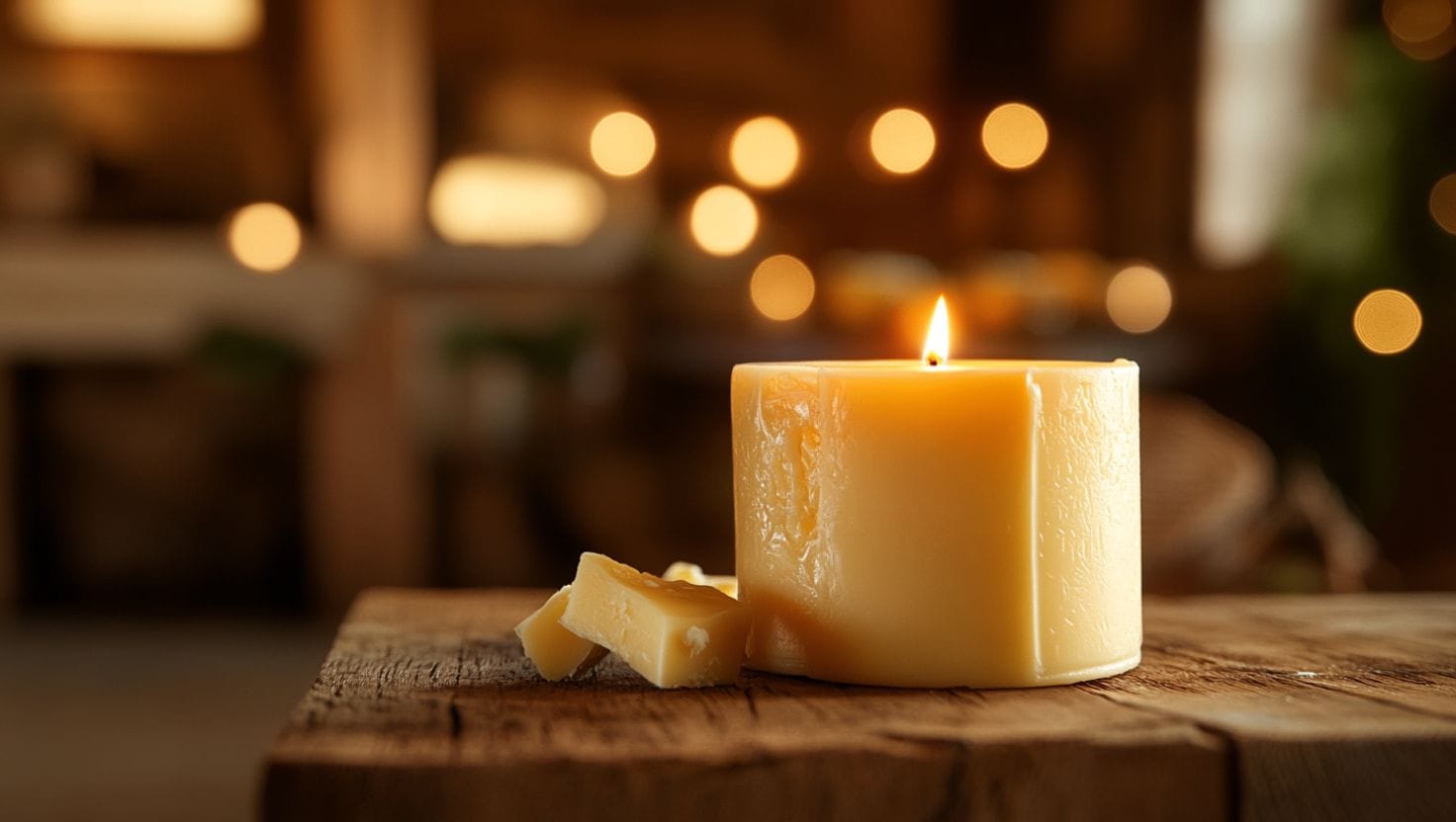 A butter candle burning on a rustic wooden table with soft glowing light