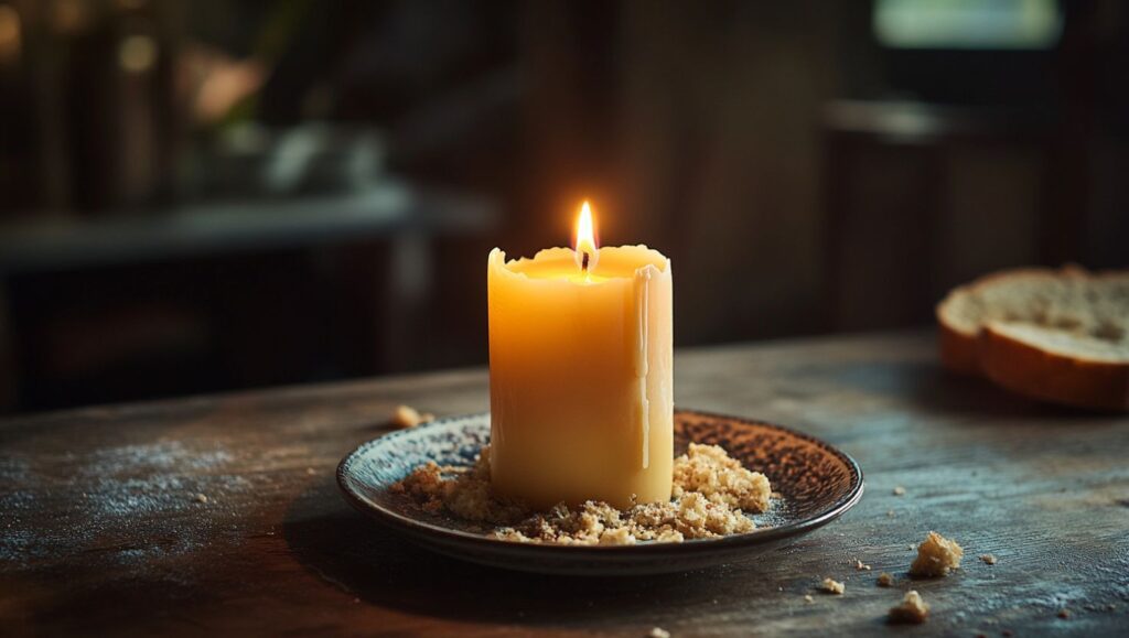 A butter candle burning steadily on a rustic plate surrounded by crumbs on a wooden table.