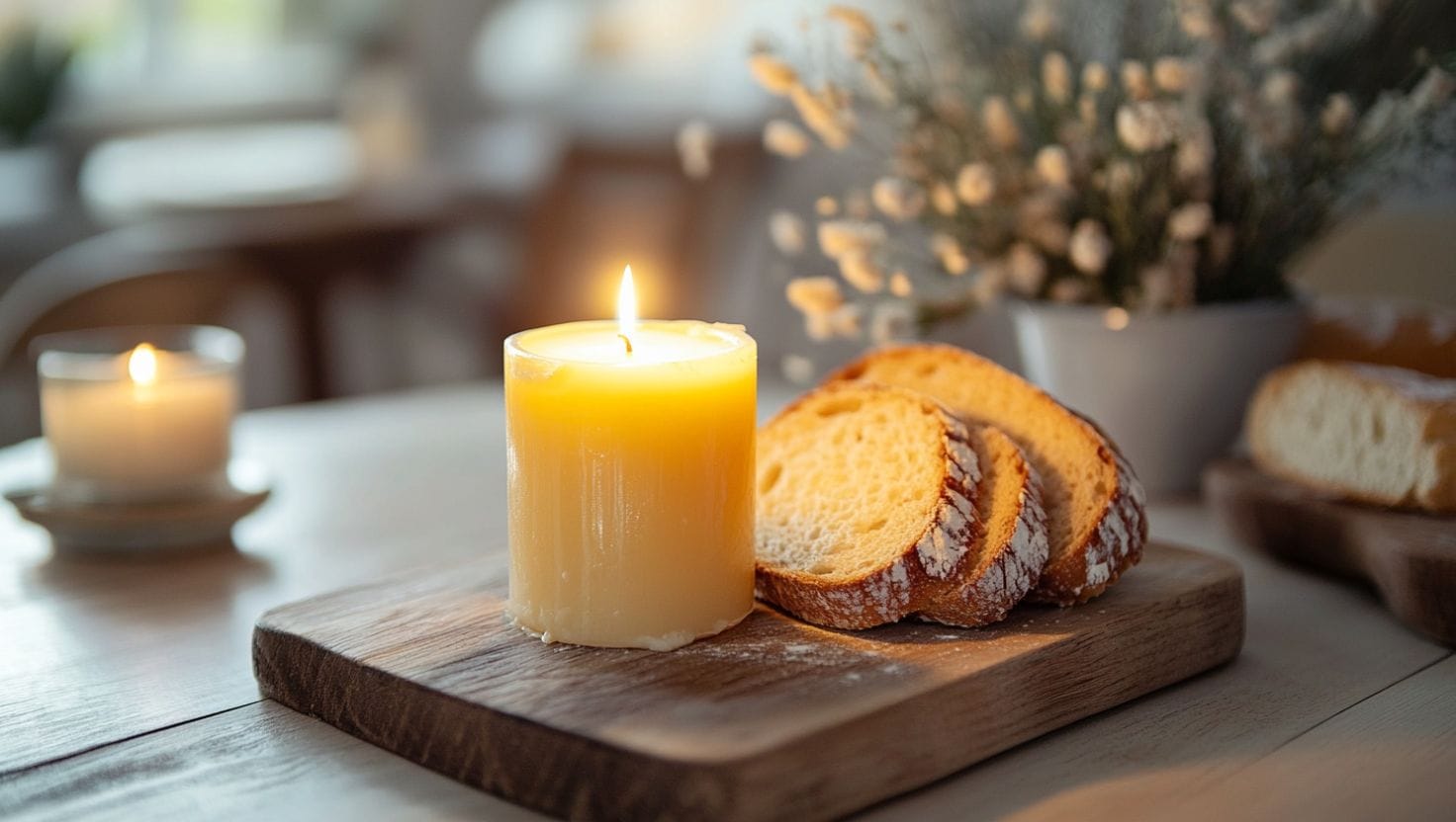 A butter candle placed on a wooden board with slices of artisan bread in a cozy dining setting.