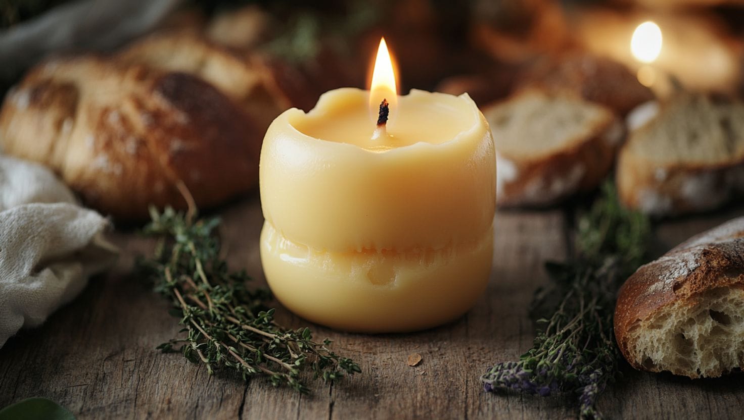 A butter candle with a cotton wick lit on a rustic table surrounded by herbs and bread slices.