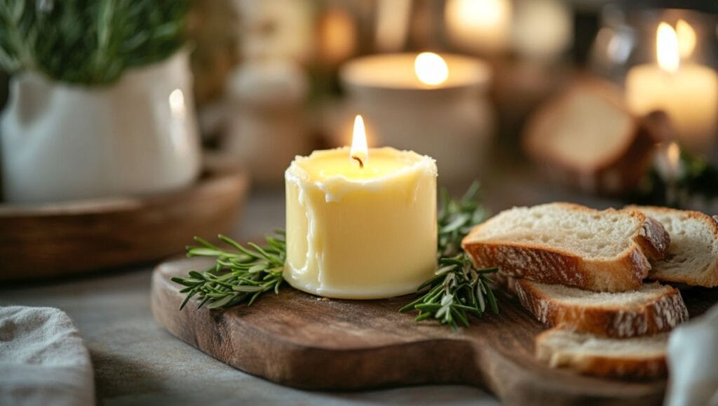 A butter candle melting alongside sliced bread and rosemary