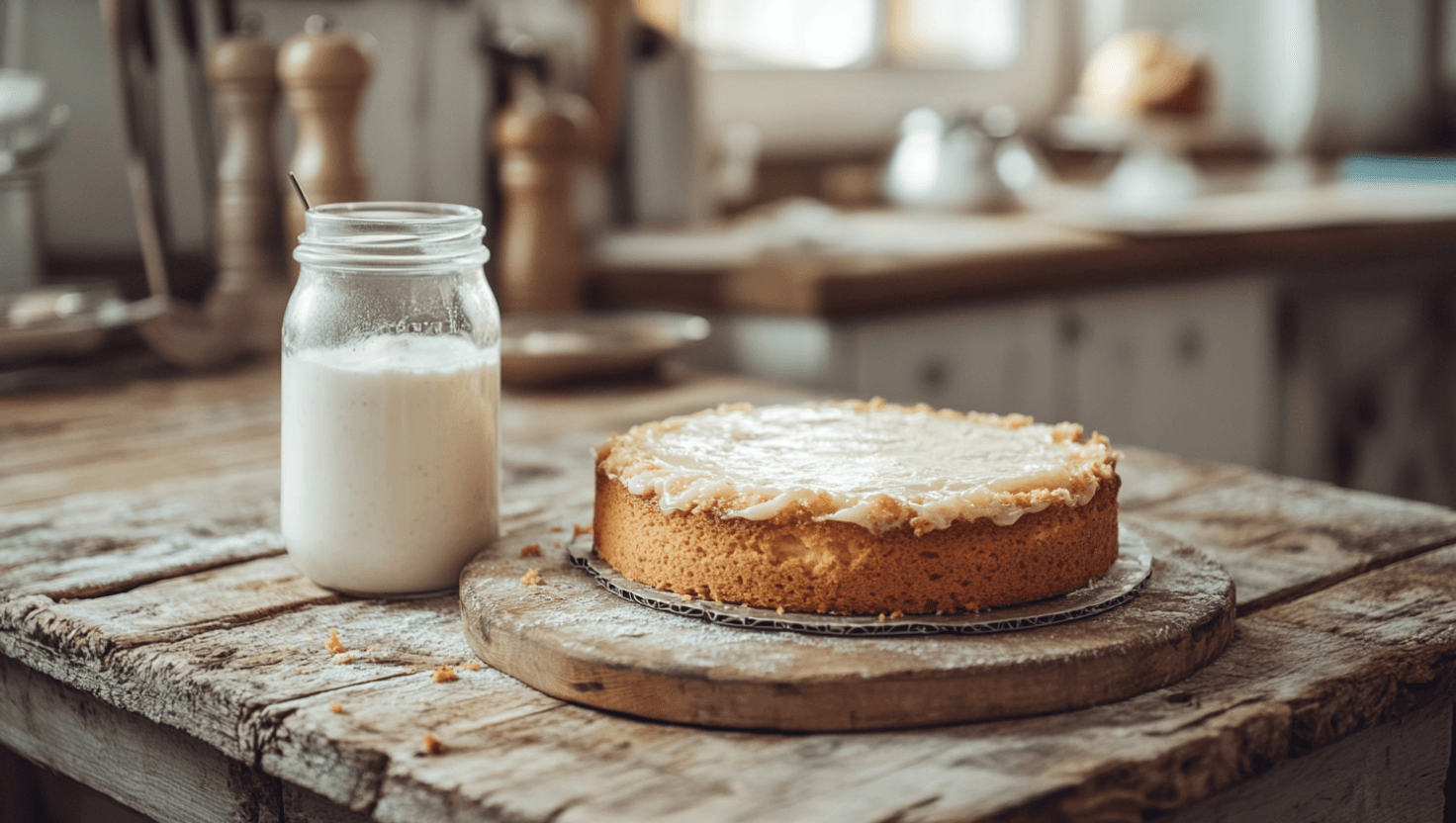 Can I use kefir instead of yogurt in cake? A homemade cake with kefir on a rustic table