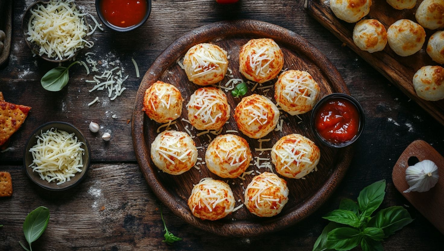 A close-up of cheesy hot pizza bites served on a wooden plate with marinara sauce