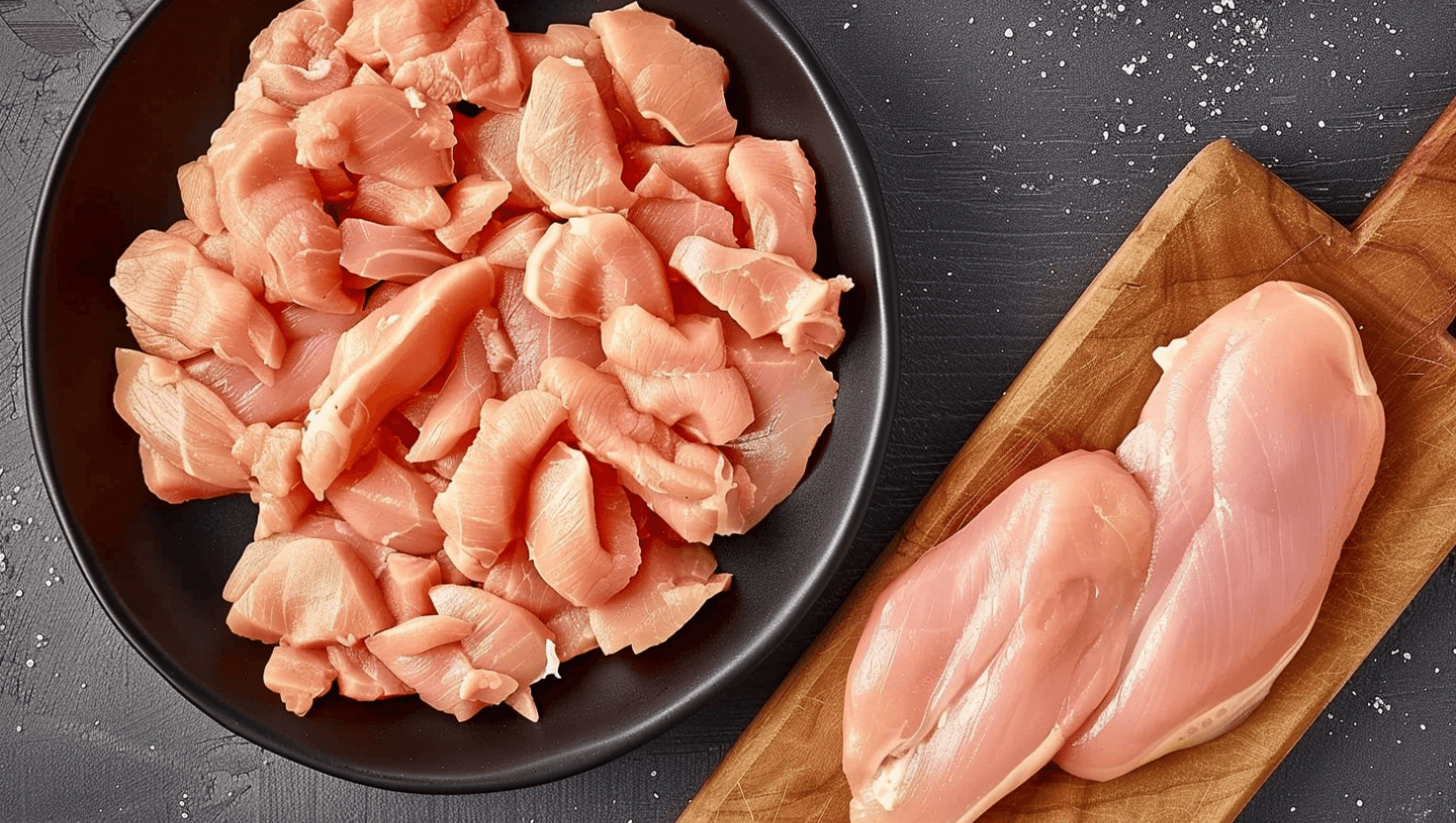 Raw chicken cutlets in a black bowl next to chicken breasts on a wooden board