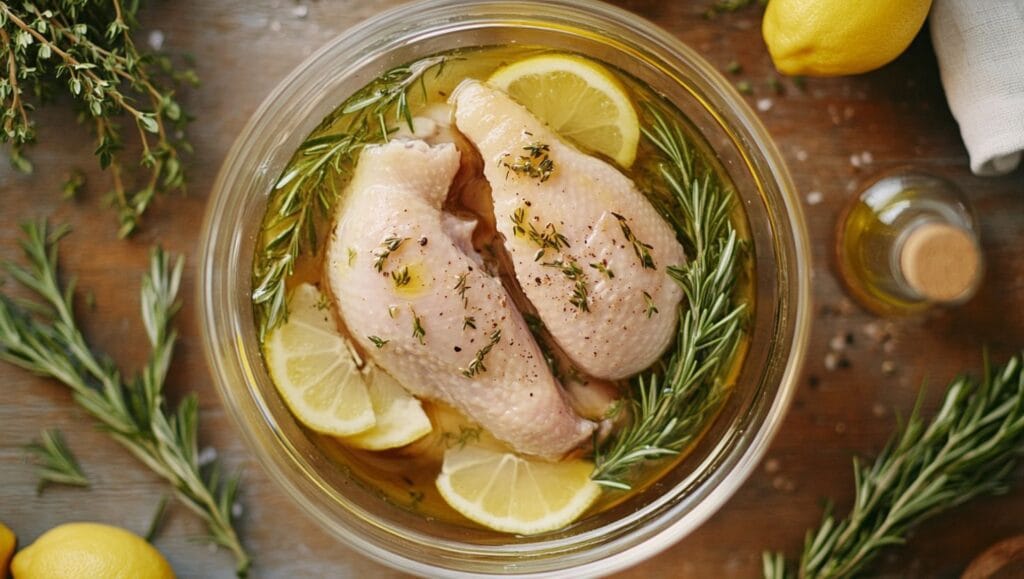 Raw chicken marinating with lemon slices, rosemary, and olive oil in a glass bowl