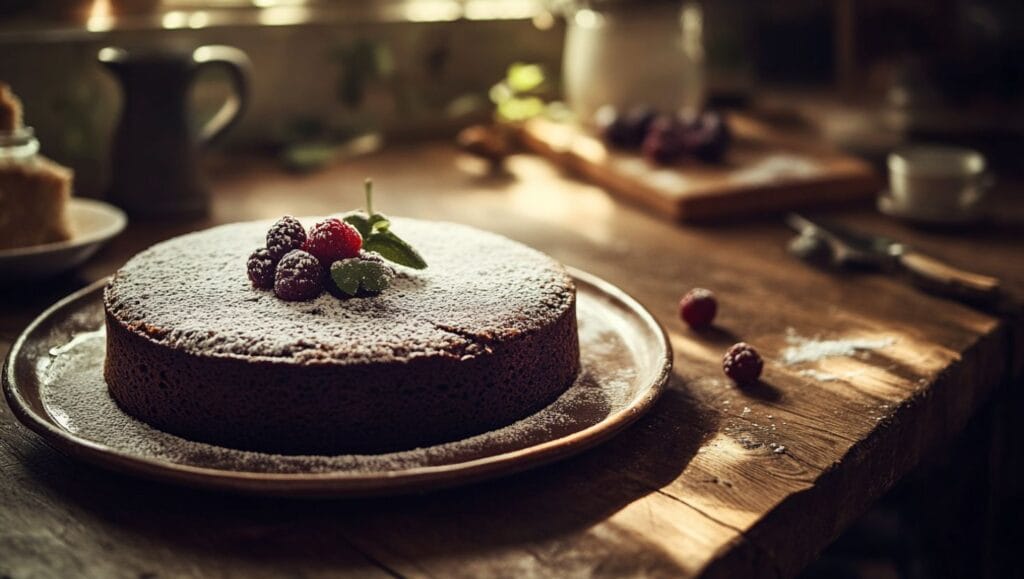 A 1920's chocolate cake on a vintage plate with powdered sugar and berries