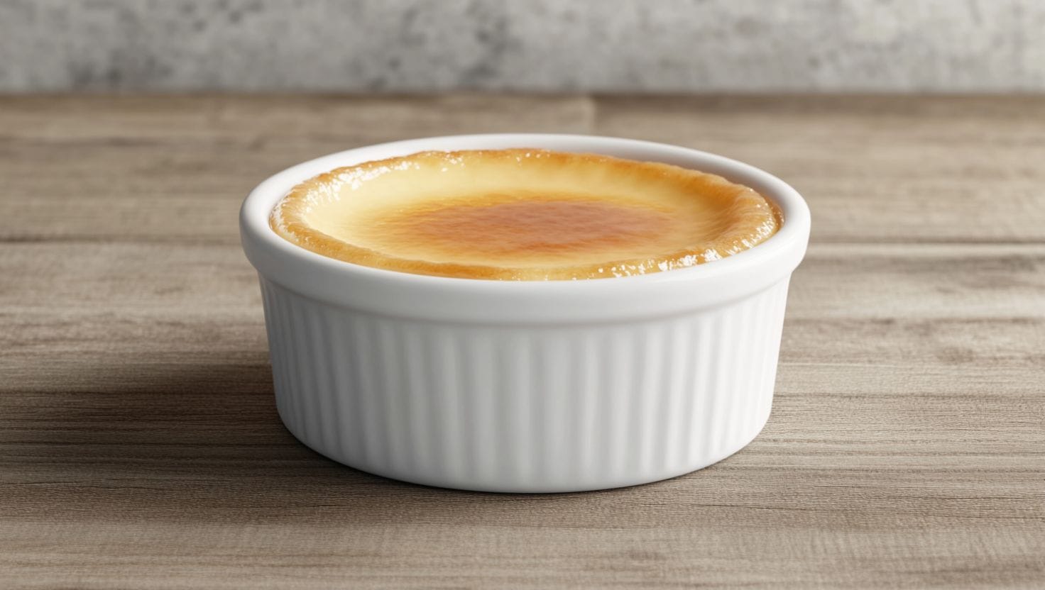 Close-up of a crème brûlée in a white ramekin with a golden caramelized top, resting on a wooden surface.