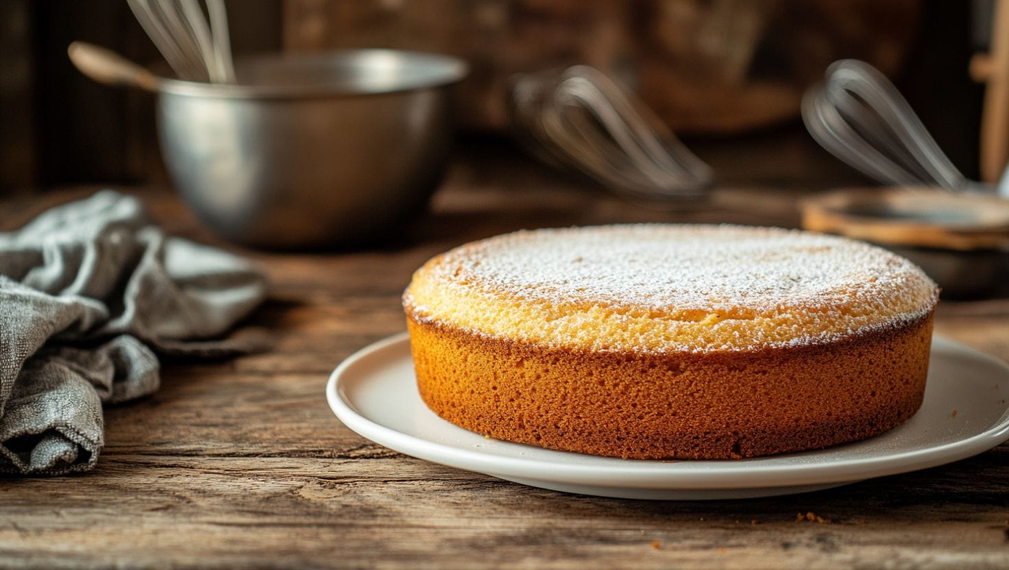 A golden, homemade vanilla cake baked using kefir as a buttermilk substitute, dusted with powdered sugar.