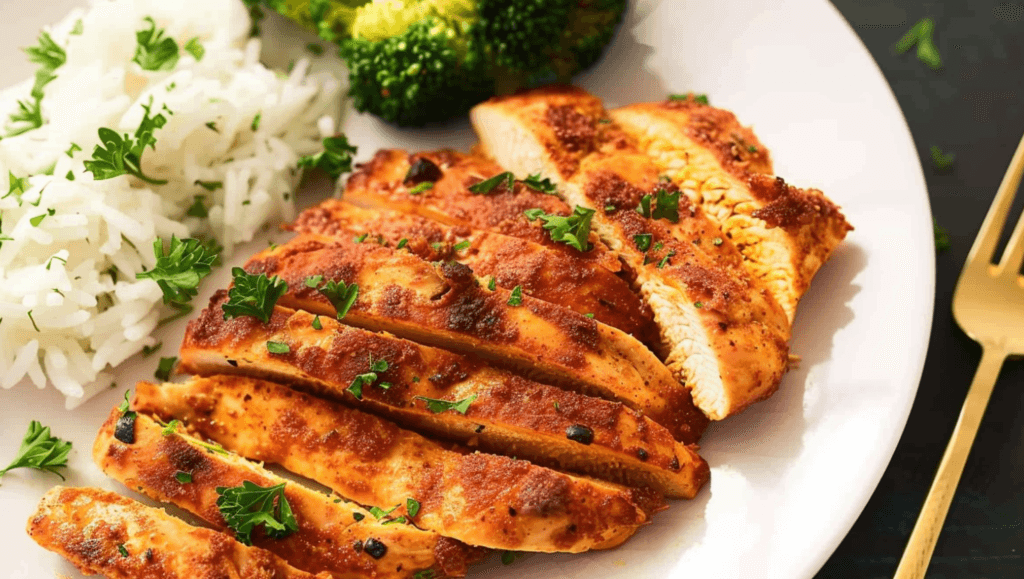 Cook thin chicken breast served with rice and broccoli