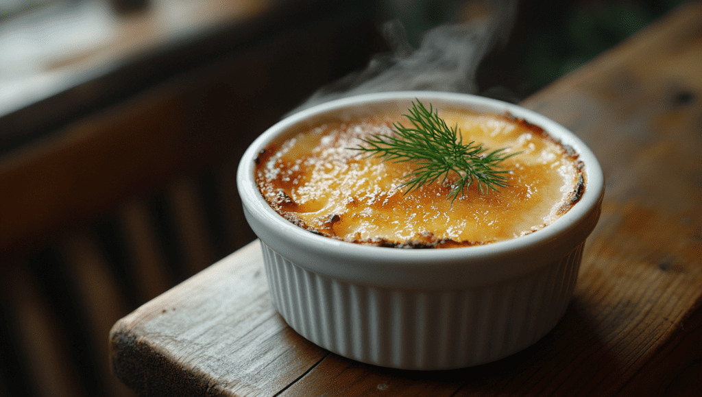 A ramekin of crab brulee topped with caramelized sugar and a sprig of dill, steaming on a wooden table.