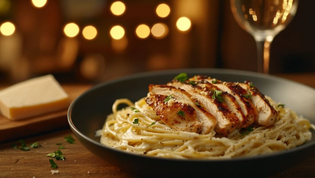 A close-up of chicken Alfredo served on a black plate, featuring creamy fettuccine pasta and grilled chicken slices, garnished with parsley