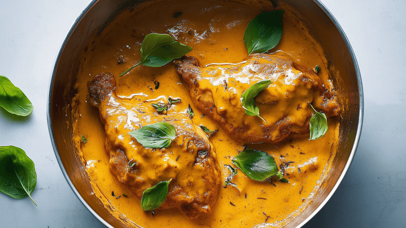 A skillet of creamy Marry Me Chicken garnished with fresh herbs and sun-dried tomatoes.