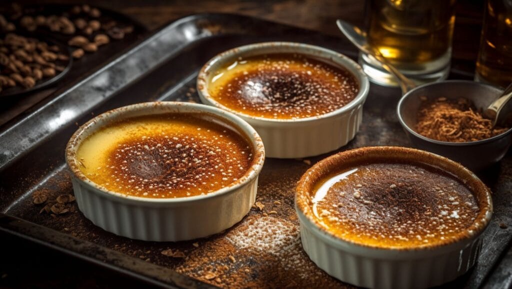 Close-up of three ramekins of crème brûlée with golden caramelized tops.