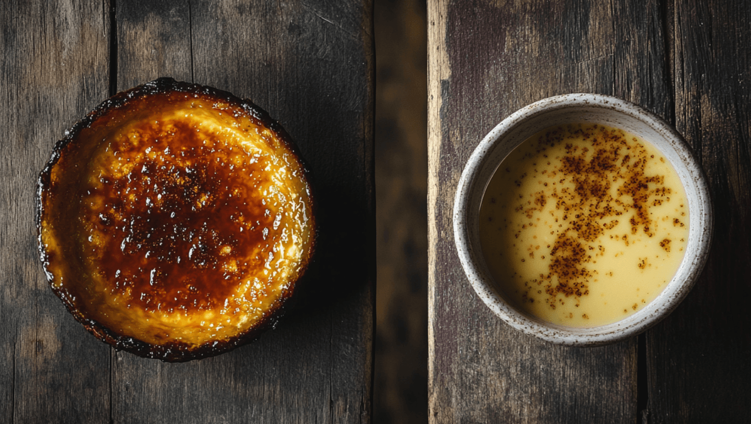 A caramelized crème brûlée and a bowl of custard placed on a rustic wooden table.