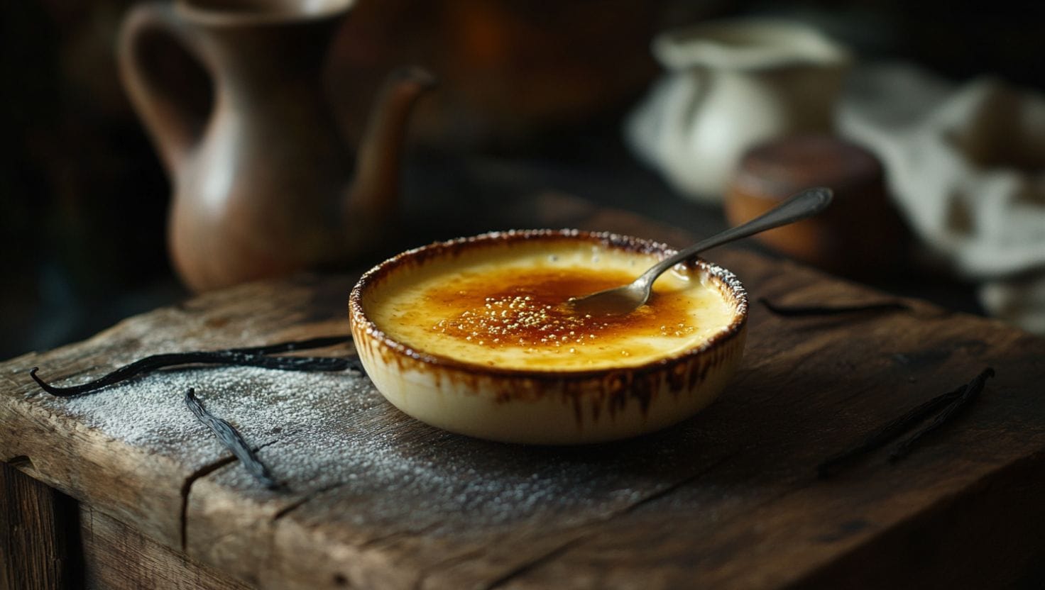 A bowl of crème brûlée with a caramelized sugar crust and a spoon resting inside on a rustic wooden table.