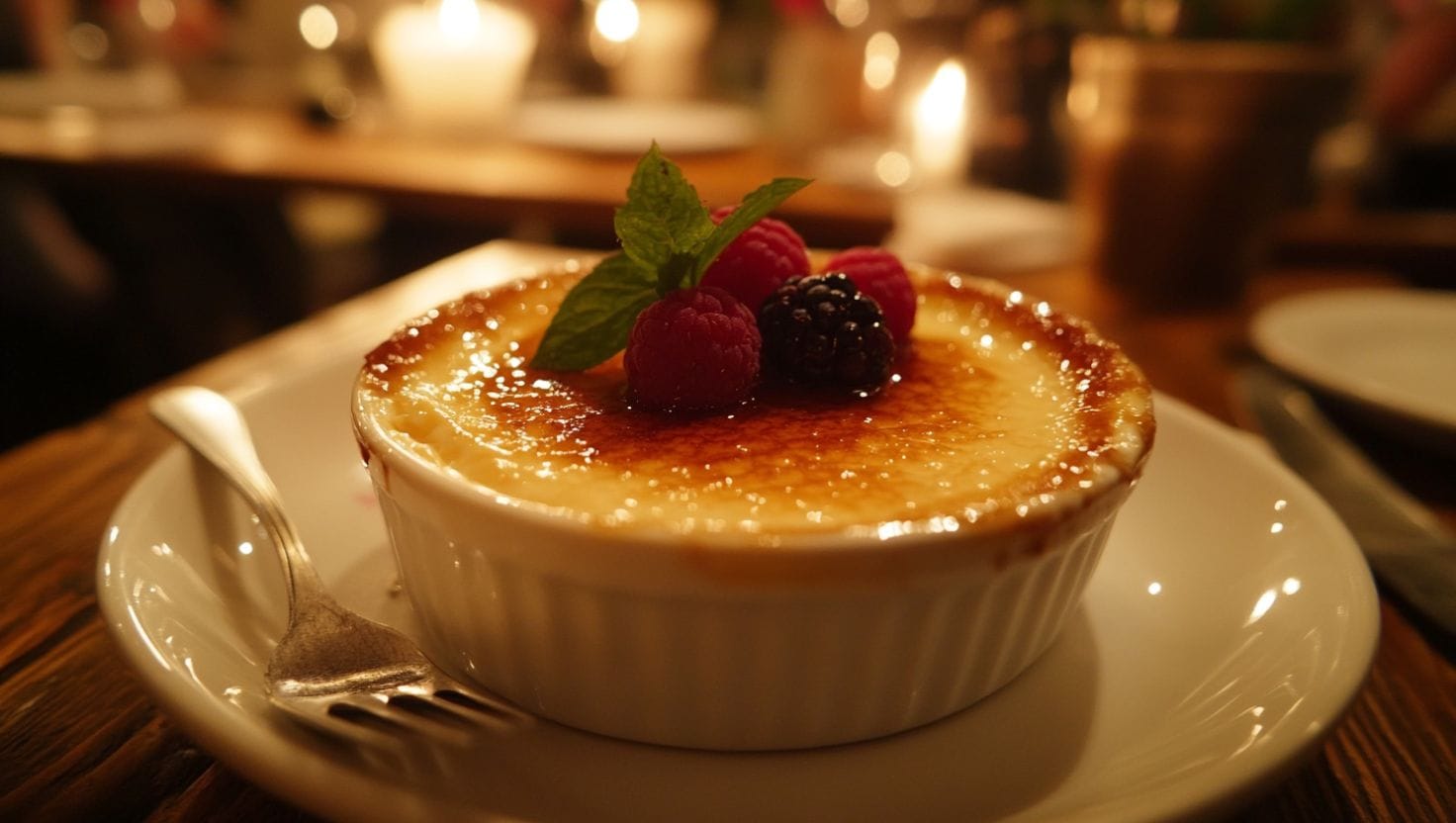 Crème brûlée served in a white ramekin with caramelized sugar, garnished with raspberries, blackberry, and a sprig of mint.