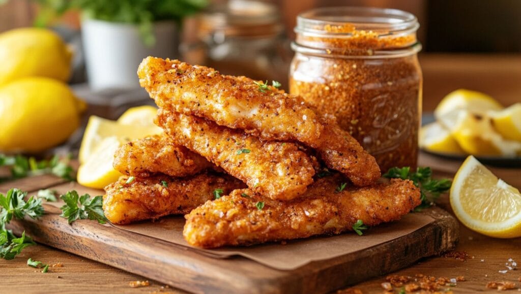 Golden fried fish with seasoning jar and lemon wedges on a wooden board.