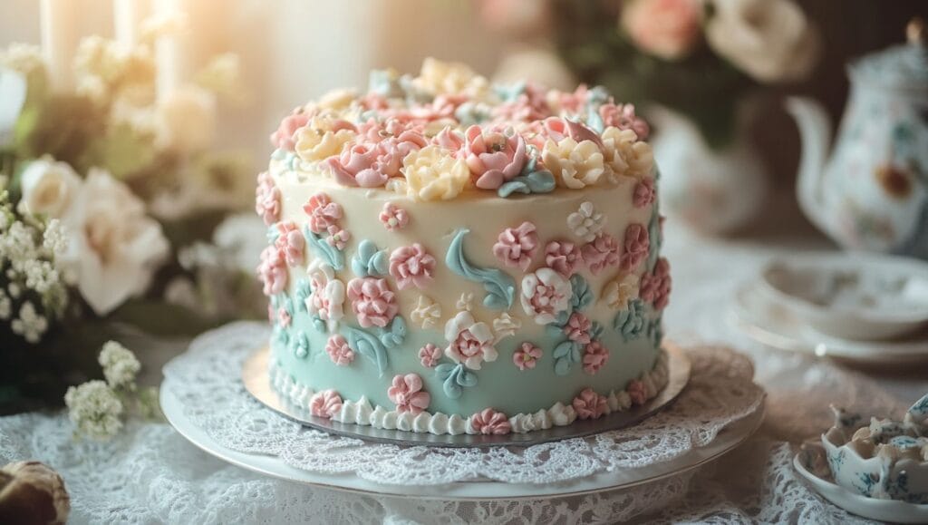 A vintage cake decorated with intricate floral piping and pastel colors.