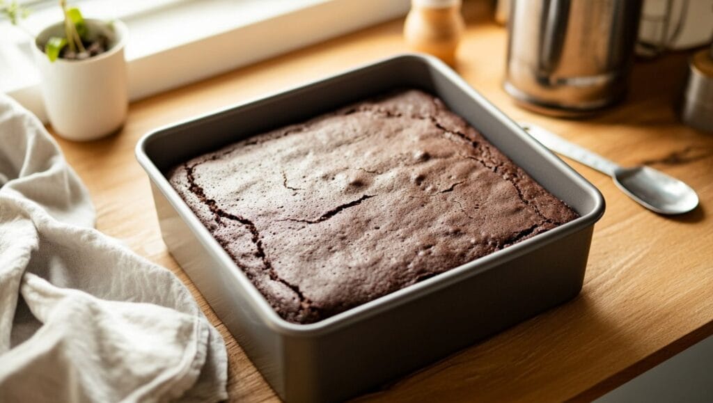 A freshly baked chocolate Wacky Cake in a square pan, set on a wooden kitchen counter.