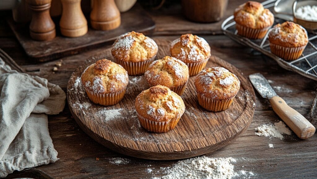 Freshly baked sourdough discard muffins sprinkled with powdered sugar on a rustic wooden plate.