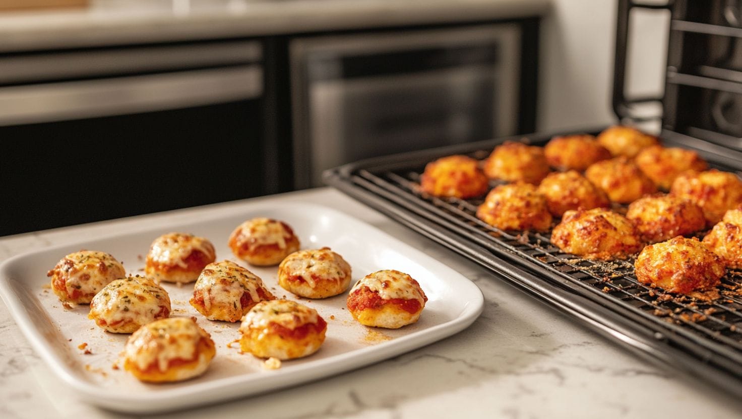 A close-up of pizza bites on a white plate and a black oven tray in a kitchen setting.