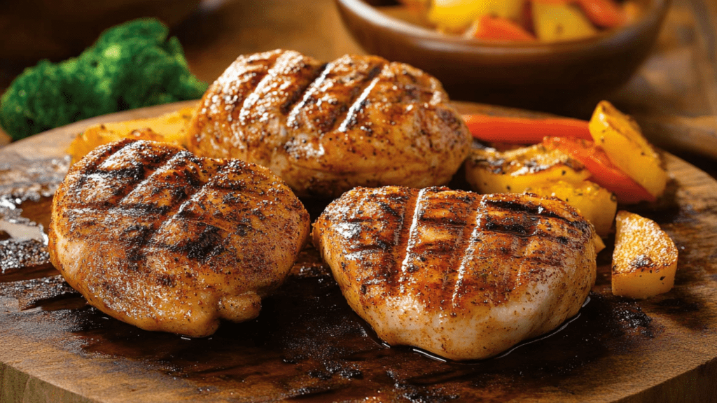 Grilled chicken on the Barbie with barbecue sauce and sides at Outback Steakhouse.