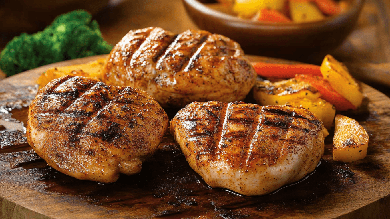 Grilled chicken on the Barbie with barbecue sauce and sides at Outback Steakhouse.