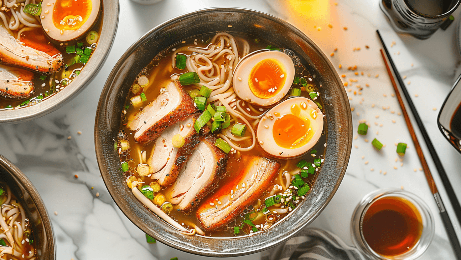 A delicious bowl of ramen topped with pork belly slices, soft-boiled eggs, and green onions, surrounded by chopsticks and sesame seeds.