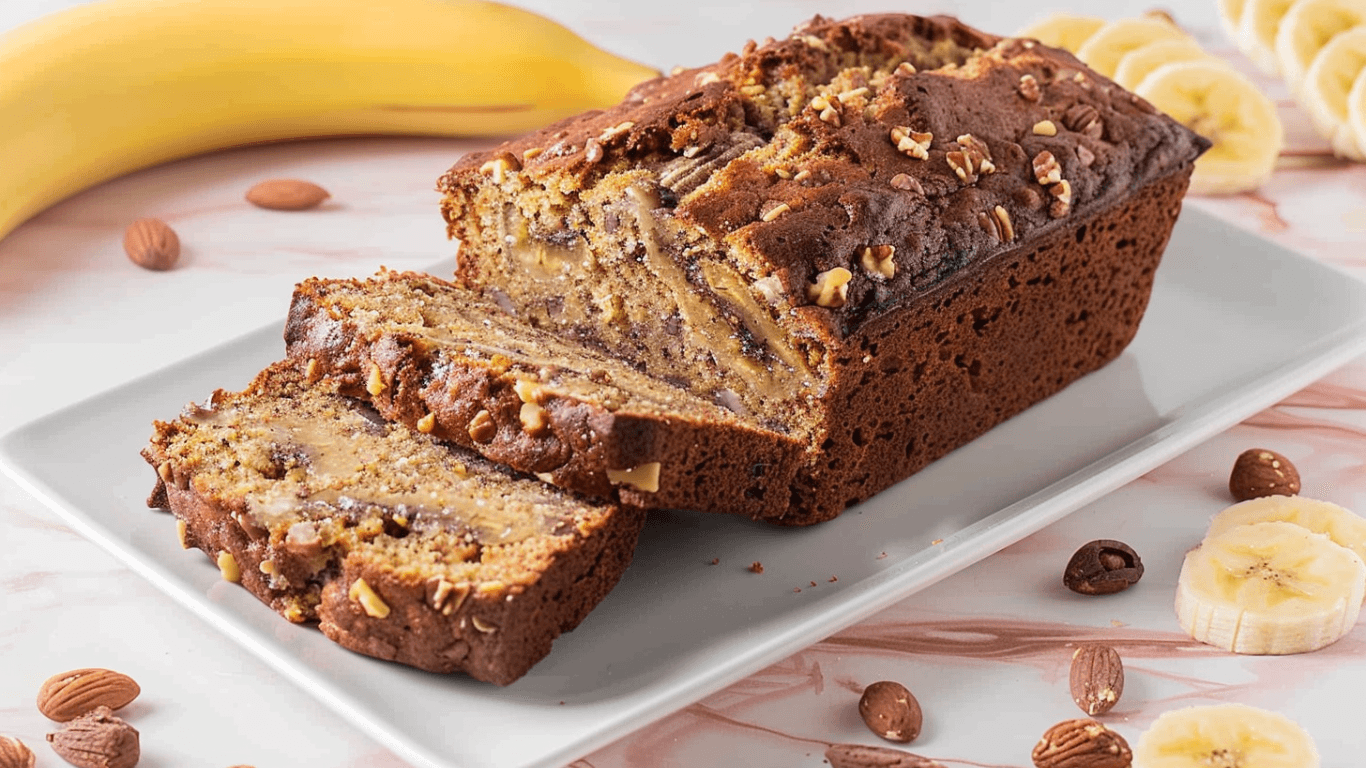 Loaf of high altitude banana bread on a cooling rack. Caption: Freshly baked high altitude banana bread cooling on a rack.